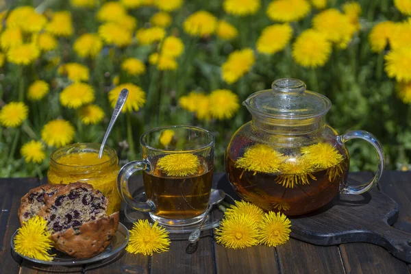 Healthy Dandelion Flower Tea Glass Cup Wooden Table Sweet Jam — Stock Photo, Image