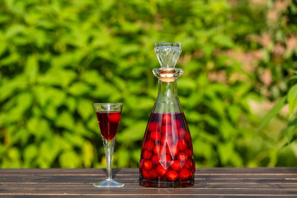 Homemade Cherry Brandy Glasses Glass Bottle Wooden Table Summer Garden — Photo