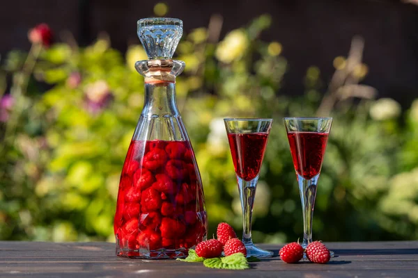 Hausgemachter Roter Himbeerschnaps Zwei Gläsern Und Einer Glasflasche Auf Einem — Stockfoto