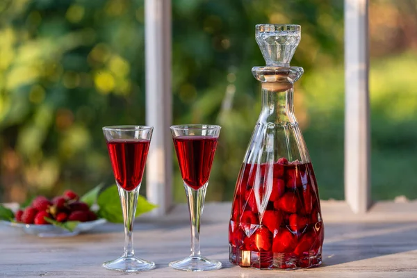 自家製の赤いラズベリーブランデー つのワイングラスと夏の庭の近くの木製の窓のガラス瓶で 閉じる — ストック写真