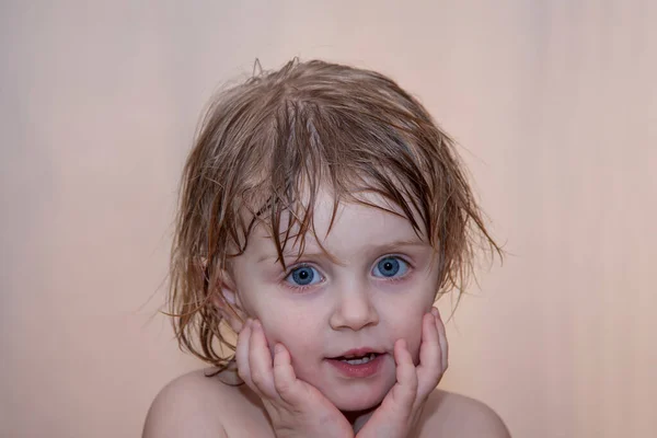 Beautiful Little Girl Shower Looks Camera Close Stock Picture