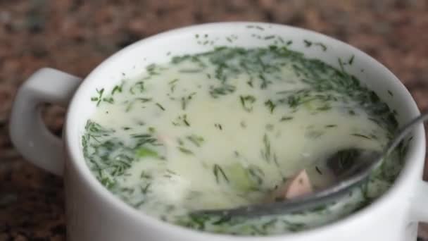Closeup View Tasty Traditional Ukrainian Cold Soup Called Okroshka Sour — Stock Video