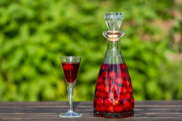 Homemade Cherry Brandy Glasses Glass Bottle Wooden Table Summer Garden — Stock Photo, Image