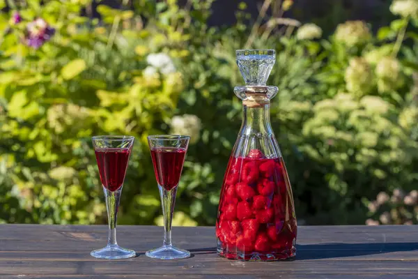 Hausgemachter Roter Himbeerschnaps Zwei Gläsern Und Einer Glasflasche Auf Einem — Stockfoto
