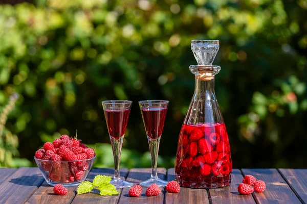 Homemade Red Raspberry Brandy Two Glasses Glass Bottle Wooden Table — Stock Photo, Image