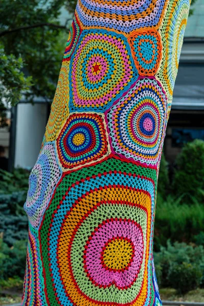 Colorful Crochet Knit Tree Trunk Kyiv Ukraine Street Art Goes — Stock Photo, Image