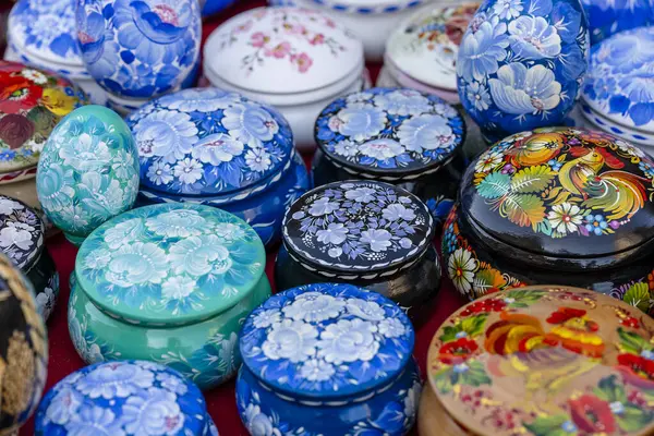 Decorated Handmade Boxes Sale Tourists Street Market Center Kyiv Ukraine — Stock Photo, Image