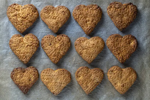 Home Made Heart Shaped Shortbread Cookies Baking Tray Close — Stock Photo, Image