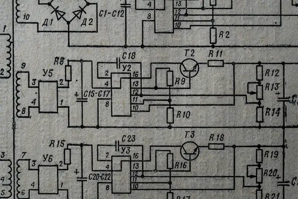 Old Radio Circuit Printed Vintage Paper Electricity Diagram Background Education — Stock Photo, Image