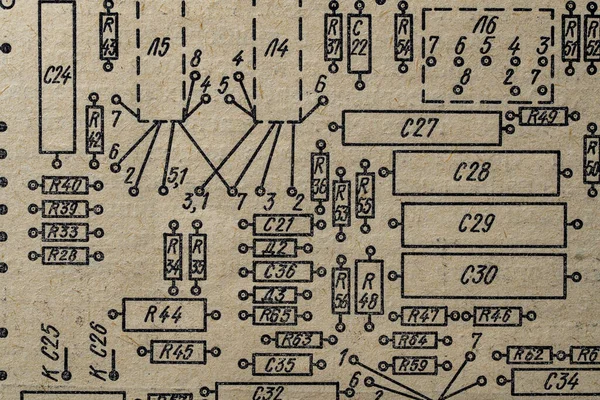 Starý Rádiový Obvod Vytištěný Papírovém Diagramu Jako Pozadí Pro Školství — Stock fotografie