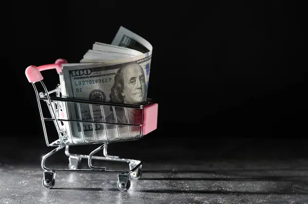 Shopping cart on wheels with dollar bills in it on dark background, close up, copy space. Finance, business, purchases, spending and sales concept