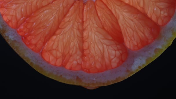 红色柚子片 有果汁滴在黑色背景上 宏观摄影 新鲜柑橘类水果 — 图库视频影像