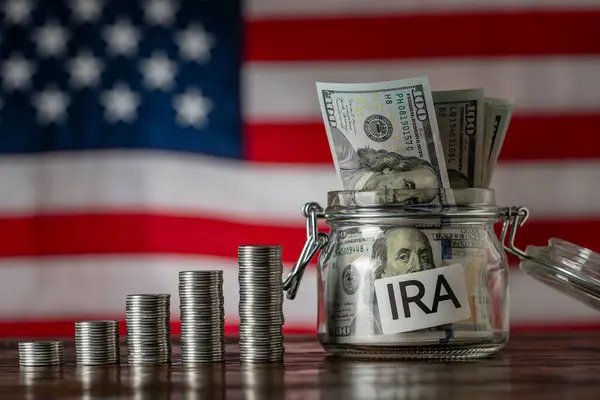 Money Towers Glass Jar Used Saving Dollar Bills Notes Ira — Stock Photo, Image