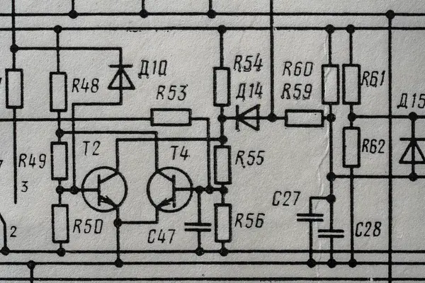 Old radio circuit printed on vintage paper electricity diagram as background for education, electricity industries. Electric radio scheme from USSR