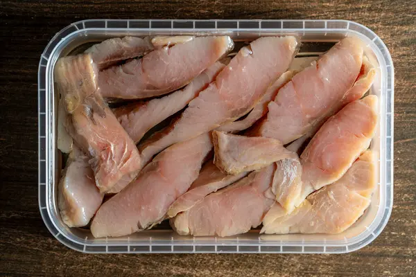 Pieces Salmon Fish Oil Sauce Plastic Box Close Top View — Stock Photo, Image