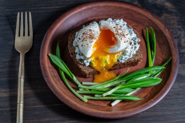 Ekmekli lezzetli sandviç, yeşil yabani sarımsak salatası, kaynamış yumurta ve ekşi krema tabağı, kapat.