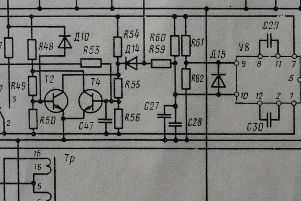 Oude Radio Circuit Gedrukt Vintage Papier Elektriciteit Diagram Als Achtergrond Stockfoto