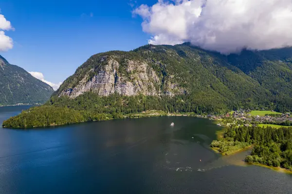 Вид Воздуха Озеро Деревню Зеленые Поля Лес Горах Альпы Австрия Стоковая Картинка