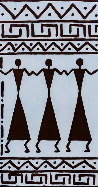 Afrikaanse Schilderstuk Een Witte Muur Met Ornamenten Figuren Van Mensen Stockafbeelding
