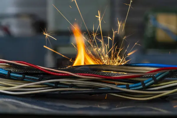 Flames, sparks, smoke between electrical cables, close up. Short circuit in the twisted wires from the electrical devices, fire hazard concept