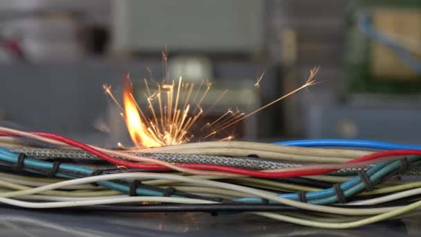 Flames Sparks Smoke Electrical Cables Close Short Circuit Twisted Wires — Stock Video