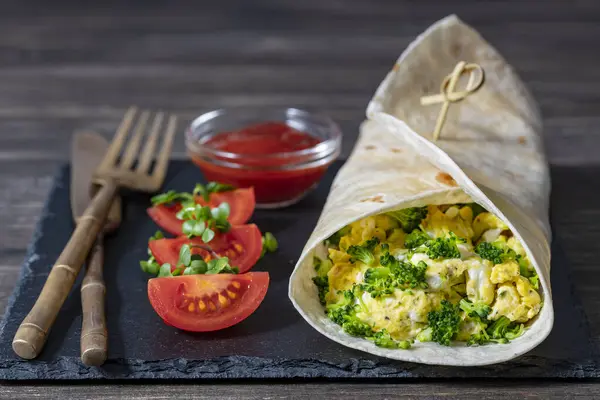 Homemade Burrito Wraps Scrambled Egg Omelet Microgreens Healthy Breakfast Wooden Royalty Free Stock Images