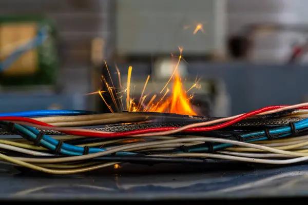 電気ケーブルの間の煙 閉じる 電気装置からのねじれたワイヤーの短絡 火災危険の概念 ロイヤリティフリーのストック写真