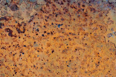 Grunge paslı metal dokusu, pas ve oksitlenmiş metal arka plan, yakın plan, üst manzara. Eski metal panel