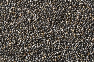 Chia tohumlarının dokusu ya da arkaplanı. Sağlıklı süper yiyecek konsepti, yakın çekim, üst görünüm