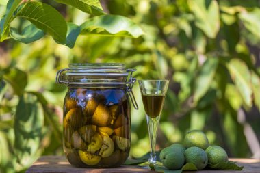 Cam kavanozdaki alkolün içinde dilimlenmemiş ceviz, ev yapımı tentürü hazırlamak için, yakın çekim. Yaz bahçesindeki masada cam bir kavanozda yeşil ceviz tentürü.