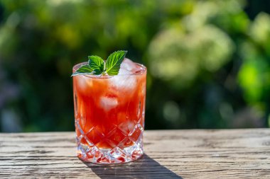 Buzlu Bloody Mary kokteyli ve doğal arka planda yeşil nane yaprakları. Güneşli bir günde, ahşap bir masada cam içinde kırmızı domates suyu. Kapatın.