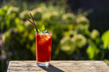 Buzlu Bloody Mary kokteyli ve doğal arka planda yeşil nane yaprakları. Güneşli bir günde, ahşap bir masada cam içinde kırmızı domates suyu. Kapatın.