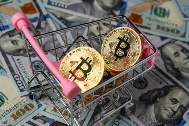 100 dolarlık banknotların arka planında küçük bir alışveriş arabasında bulunan kripto altın bitcoin paralar, yakın plan. Dijital para ve bitcoin kavramı