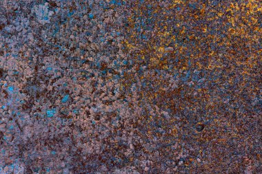 Grunge paslı metal dokusu, pas ve oksitlenmiş metal arka plan, yakın plan, üst manzara. Eski metal panel