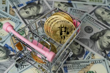 100 dolarlık banknotların arka planında küçük bir alışveriş arabasında bulunan kripto altın bitcoin paralar, yakın plan. Dijital para ve bitcoin kavramı