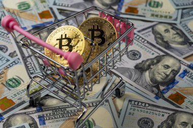 100 dolarlık banknotların arka planında küçük bir alışveriş arabasında bulunan kripto altın bitcoin paralar, yakın plan. Dijital para ve bitcoin kavramı