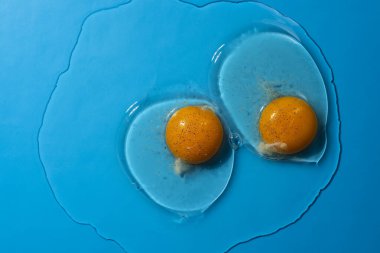 Sağlıklı ve taze iki kırık yumurta mavi arka planda, yakın plan, üst manzara. Mavi arka planda çiğ yumurta beyazı ve sarısı.