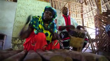 Zanzibar, Tanzanya - Kasım 07, 2019: Afrikalı müzisyenler Doğu Afrika 'daki Tanzanya' nın Zanzibar adasında turistler için yerel müzik enstrümanları çalıyorlar