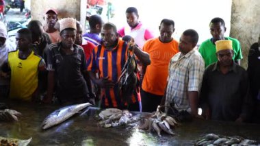 Zanzibar, Tanzanya - Kasım 04, 2019: Afrikalı erkekler Doğu Afrika 'daki Tanzanya' nın Zanzibar adasındaki yerel açık artırmada taze deniz balığı satıyorlar