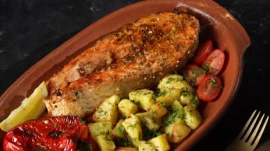 Kırmızı biberli, patatesli, domatesli ve limonlu lezzetli somon balığı. Masadaki kil tabakta, kapat, döndür.