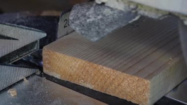 Tahta bir tahtanın kenarını kesmek için testere bıçağı, yakın çekim. Bir atölyede dairesel testere üzerinde çalışıyorum.