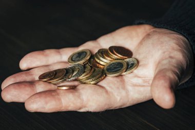 Avro sikkelerini tutan yaşlı bir erkek, yaklaşın. Ellerinde farklı değerlerde avro sikkeleri var. Enflasyon, satın alma gücü ve sosyal kriz