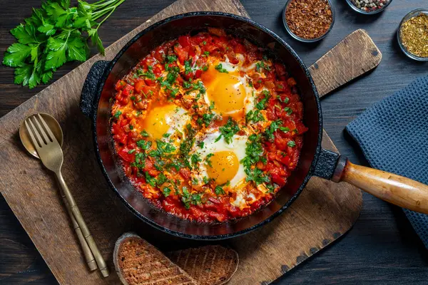 Shakshuka kahvaltıda kızartma tavasında, kapat. Haşlanmış yumurta, soğan, dolma biber, zeytinyağı, dökme demir tavada kırmızı domates ve maydanoz karışımı. Akdeniz mutfağı