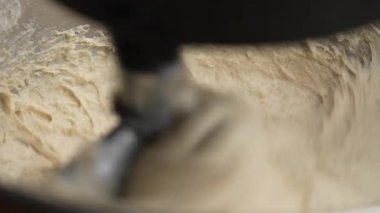 Fırında yoğurma makinesinde ekmek için elastik hamur yoğurmak. Hamur yoğurmak için karıştırıcı. Çavdar ekmeği ve tahıldan mayasız hamur örüyorum.