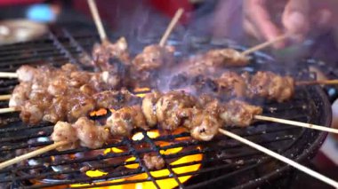 Sokak satıcısı Endonezya Bali 'deki sokak yemekleri pazarında ızgara tavuk eti satıyor. Asya mutfağı. Kapat.