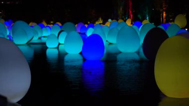 Singapur şehri, Singapur - 27 Şubat 2020: Singapur 'da gece gösteriminde Marina Körfezi Kumları' ndaki bahçelerde Dragonfly Gölü 'nde renkli parlayan yumurtalar