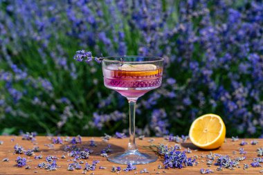 Yeşil bir yaz bahçesine karşı ahşap masada zarif kristal bardakta servis edilen parlak kokteyl ya da limonata. Eflatun çiçekli mor renkli içecek ve bir dilim limon.