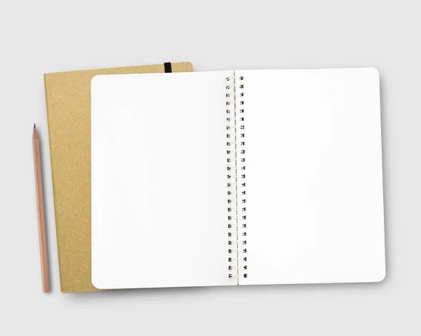 Cuaderno Blanco Despertador Rojo Espacio Trabajo Escritorio Oficina Para Concepto — Foto de Stock