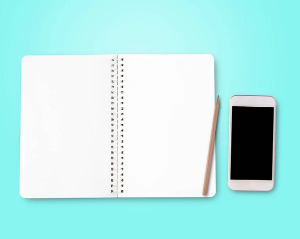 Cuaderno Blanco Despertador Rojo Espacio Trabajo Escritorio Oficina Para Concepto — Foto de Stock