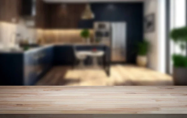 在模糊的厨房柜台背景上的木制桌面 产品展示 — 图库照片